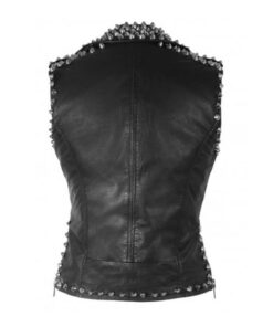 Womens Silver Studded Black Leather Vest